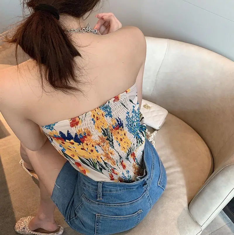 Camisole women's summer design sense floral short section straps sexy hot girl tube top