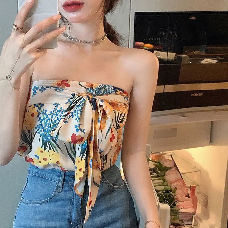 Camisole women's summer design sense floral short section straps sexy hot girl tube top