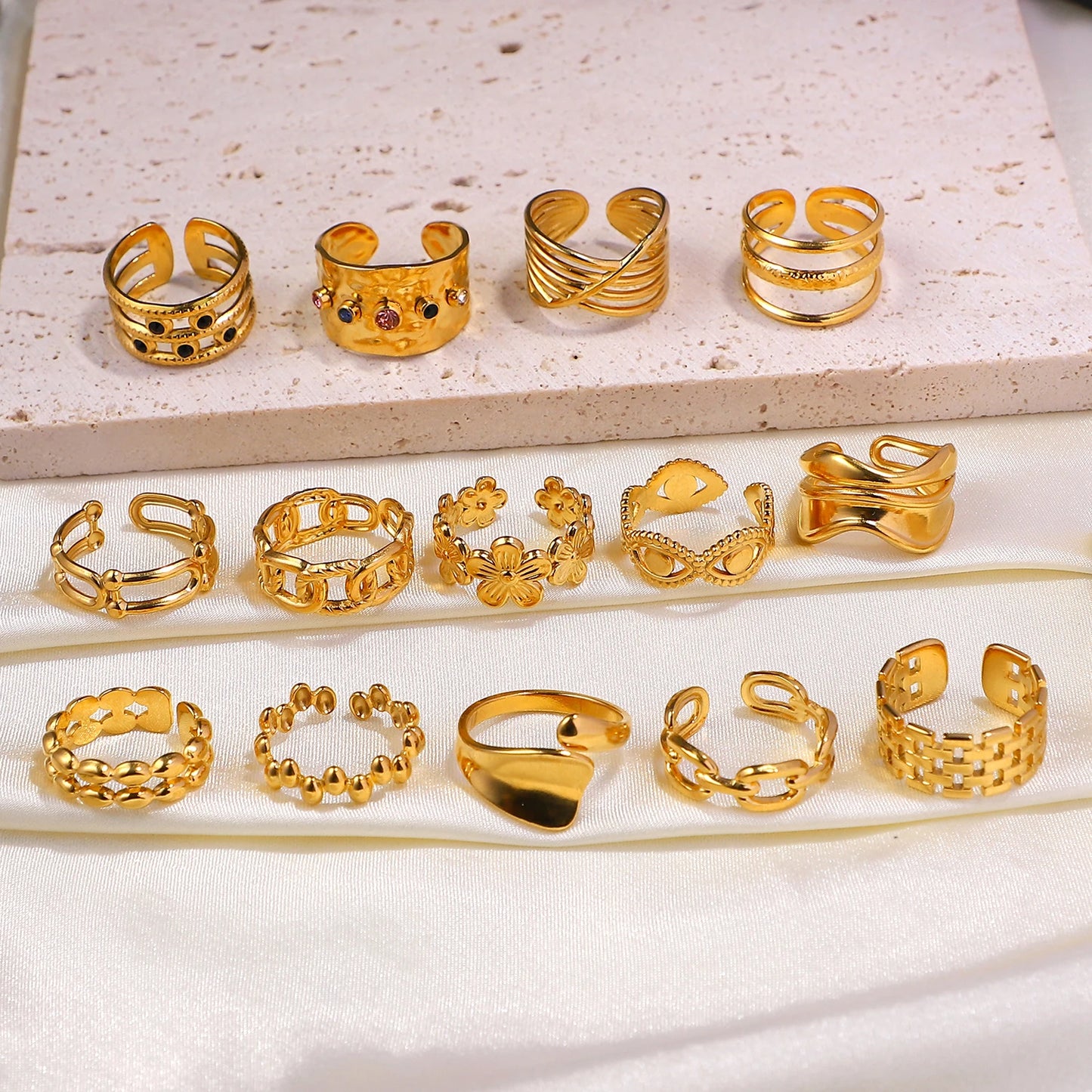 Cheap Stainless Steel Jewelry Rings Set For Women 18k Gold Plated Link Chain Geometric Twisted Wide Band Open Adjustable Rings