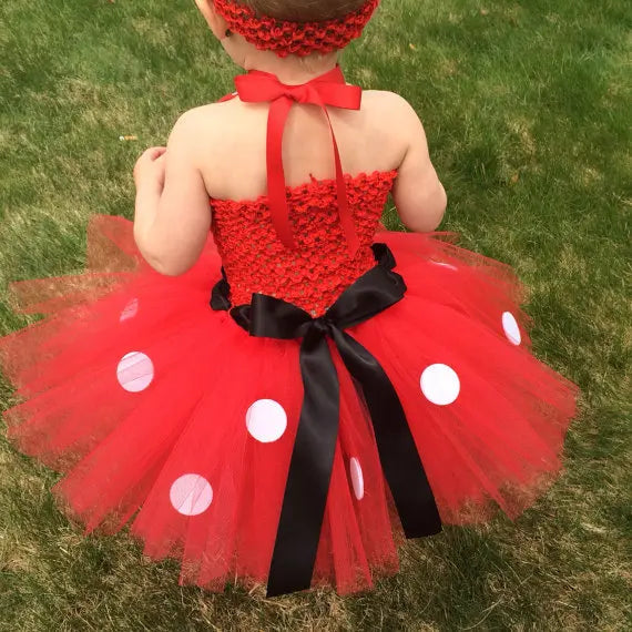 Hot Girls Pink Mickey Minnie Tutu Dress Baby Tulle Dress with White Dots and Hairbow Kids Birthday Party Costume Cartoon Dresses