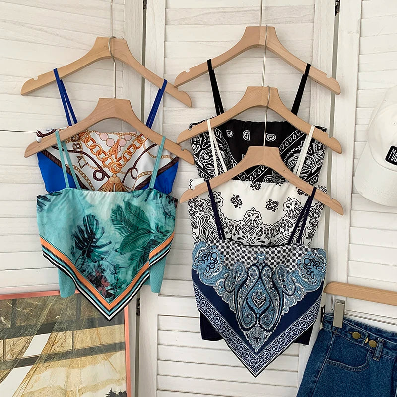 Patched Printed Camisole Top Summer Women Tank Crop Tops Girls Sexy Bellyband Sleeveless