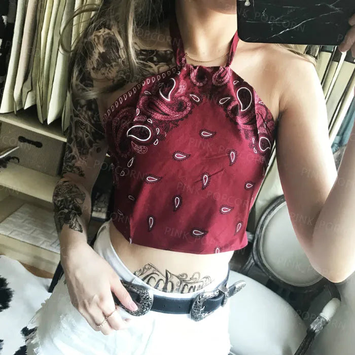 Bandana Lace up Halter Crop Tank Tops New Fashion Women Summer Holiday Backless Camis Biki