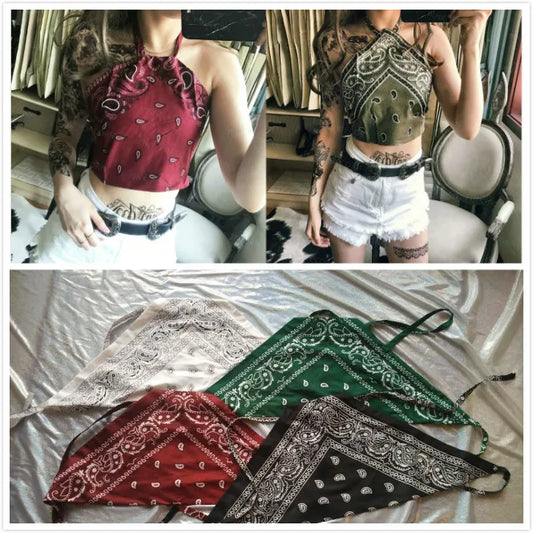 Bandana Lace up Halter Crop Tank Tops New Fashion Women Summer Holiday Backless Camis Biki
