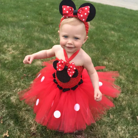 Hot Girls Pink Mickey Minnie Tutu Dress Baby Tulle Dress with White Dots and Hairbow Kids Birthday Party Costume Cartoon Dresses