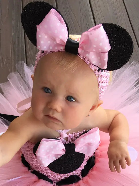 Hot Girls Pink Mickey Minnie Tutu Dress Baby Tulle Dress with White Dots and Hairbow Kids Birthday Party Costume Cartoon Dresses