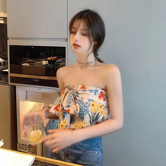 Camisole women's summer design sense floral short section straps sexy hot girl tube top
