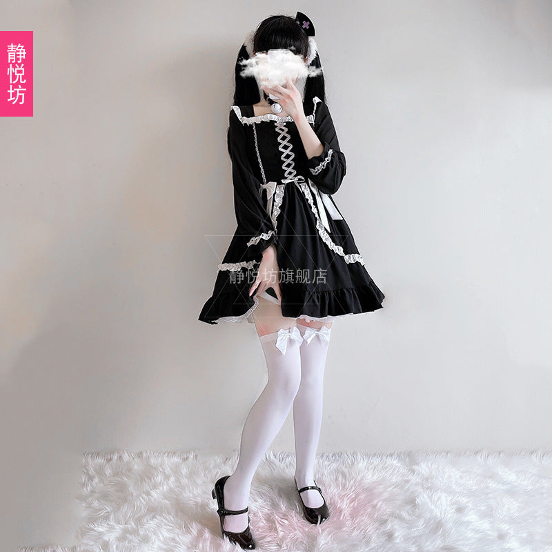 Dark Lily Dress Cosplay Halloween Costume Lolita Lace Bow Sexy Little Black Dress Girl