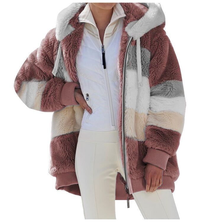 Cross border Amazon Hot Sale Europe and America 2021 Autumn/Winter Warm Plush Panel Zipper Pocket Hooded Loose Coat for Women