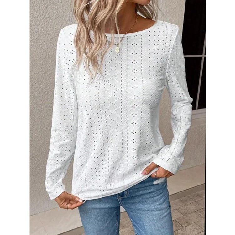 Independent Station Autumn New Women's Wear European and American Jacquard Round Neck Casual Long sleeved T-shirt Top