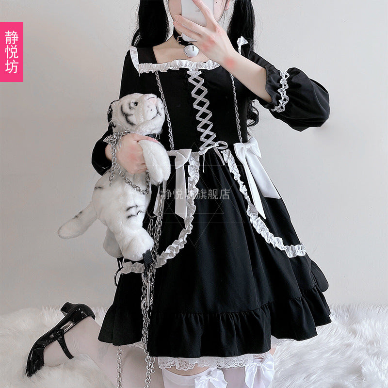 Dark Lily Dress Cosplay Halloween Costume Lolita Lace Bow Sexy Little Black Dress Girl