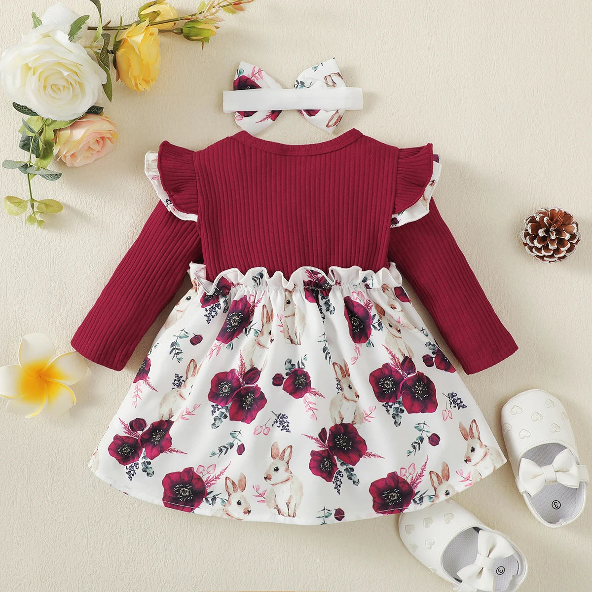 Baby Girls Spring And Autumn Long Sleeved Wine Red Patchwork Rabbit Print Cute Dress