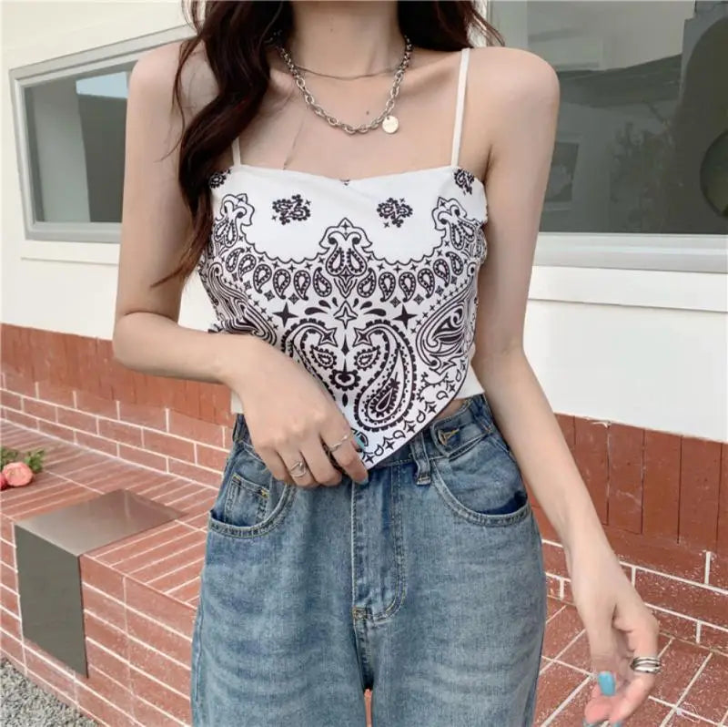 Silk Scarf Flower Retro Camisole Summer Hot Girl Triangle Scarf Women's Wear Tube Top Short European American Tops