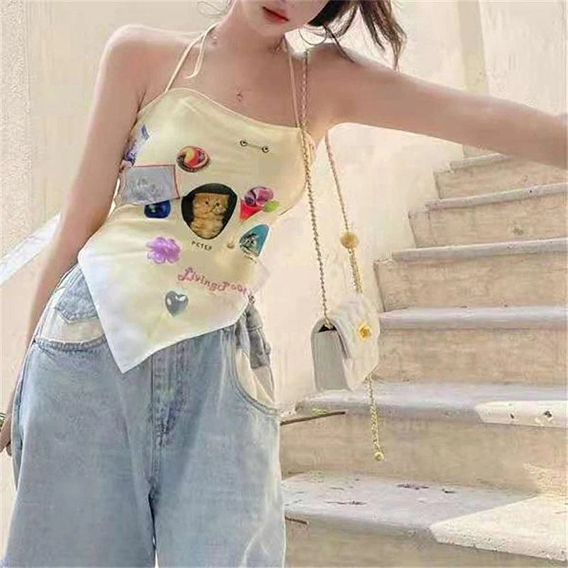 Cropped Camis Print Backless Sexy Summer Holiday Ladies Tops Elegant Sweet Lovely Style Stylish Prevalent Chic