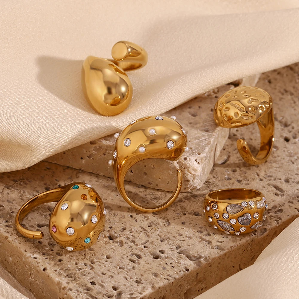 Horse Eye Heart Zircon Rhinestone Dome Rhinestone Water Drop Ring Hammering Pattern Asymmetric Large Water Droplet Head Ring