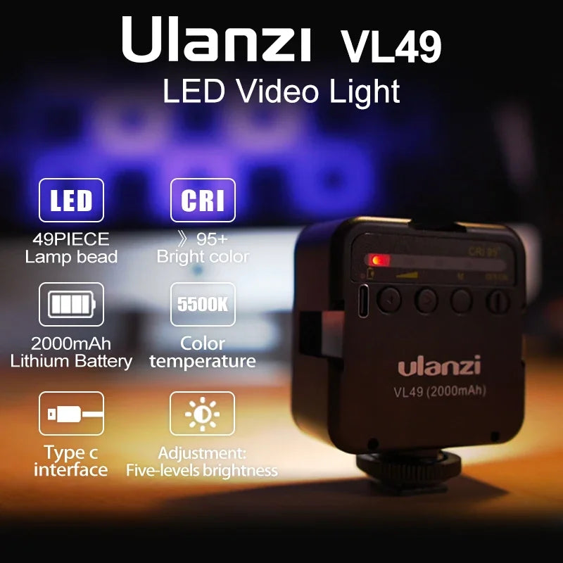 Ulanzi VL49 6W Mini Vlog LED Fill Light White Yellow Warm 2000mAh 5500K Zoom Lighting Photographic Lighting Video Office Lamp