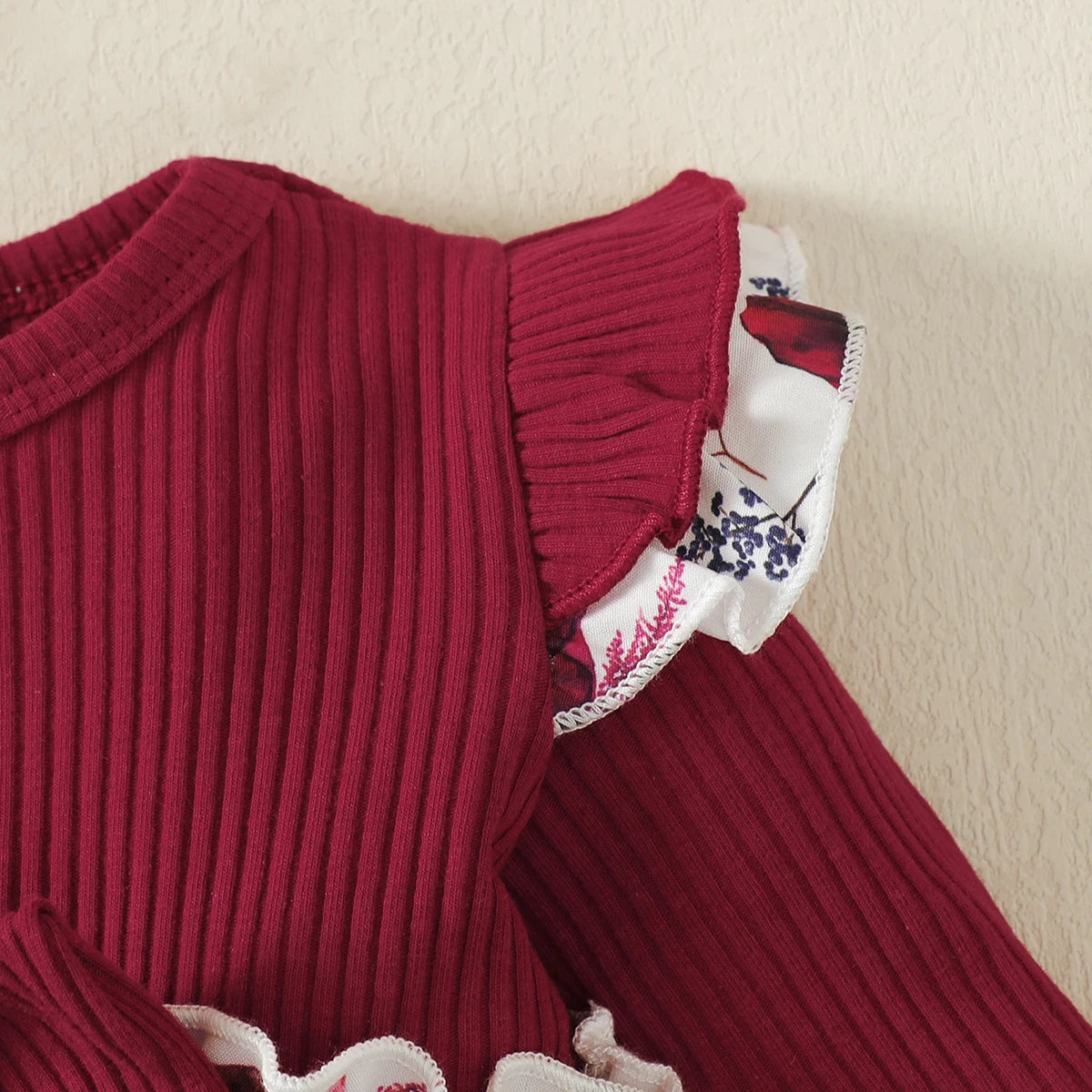 Baby Girls Spring And Autumn Long Sleeved Wine Red Patchwork Rabbit Print Cute Dress
