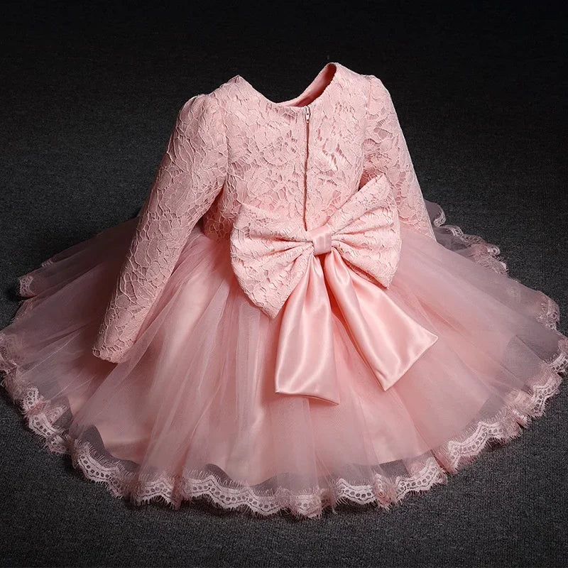 Baby Girls Long Sleeve Dresses for Xmas Party Wedding Lace Big Bow Dresses Infant Girl 1st Birthday Princess White Baptism Dress