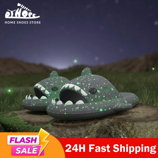 Summer Women's Fluorescence Shark Slippers Men Luminescent Thick-Soled Slides Non-Slip Flip Flops Couple Flat Shoes Eva Sandals
