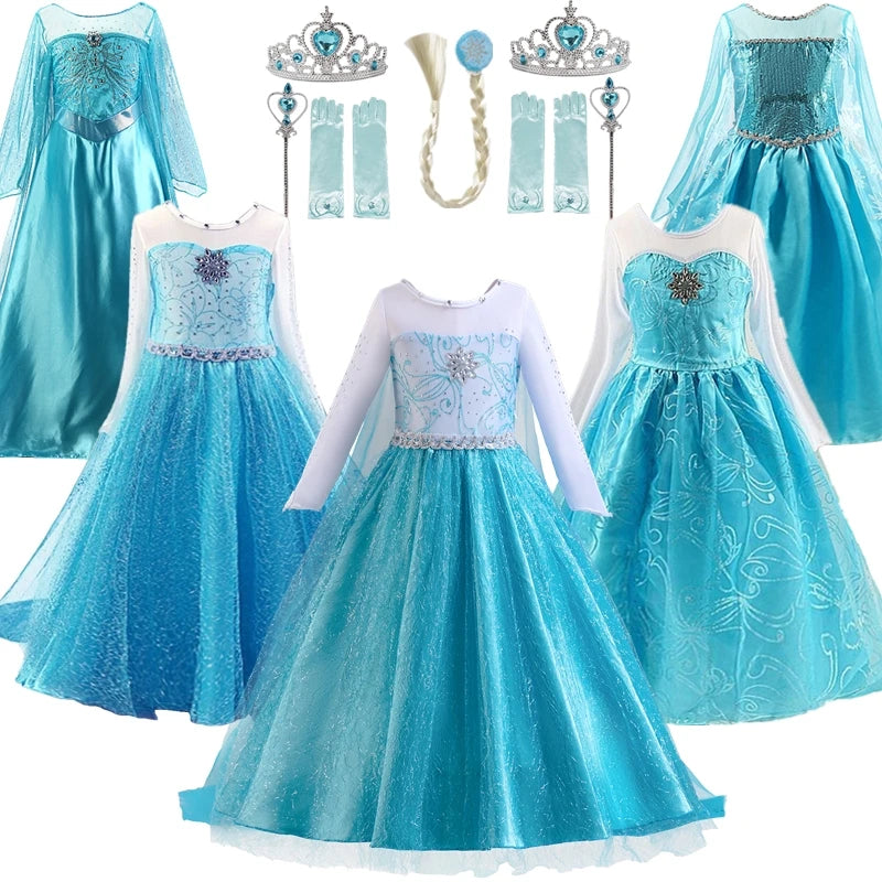 Girls Elsa Dresses for Long Sleeve Kids Birthday Cosplay Elsa Fancy Princess Costume 2023 Carnival Easter Dress Up Party Costume