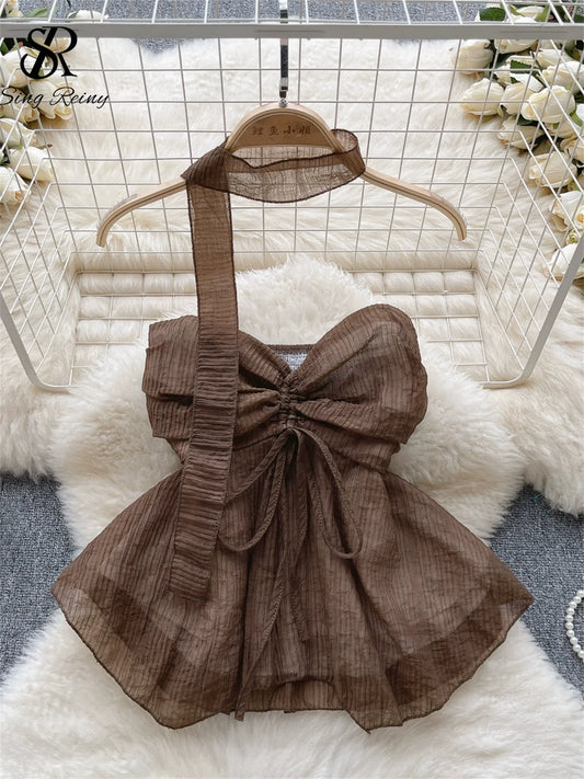 Beach Style Chiffon Tube Top Halter Ribbons Drawstring Lace Up Bow Off Shoulder Backless Fashion Streetwear Sexy Vest