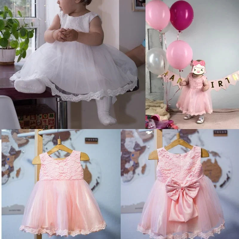 Baby Girls Long Sleeve Dresses for Xmas Party Wedding Lace Big Bow Dresses Infant Girl 1st Birthday Princess White Baptism Dress