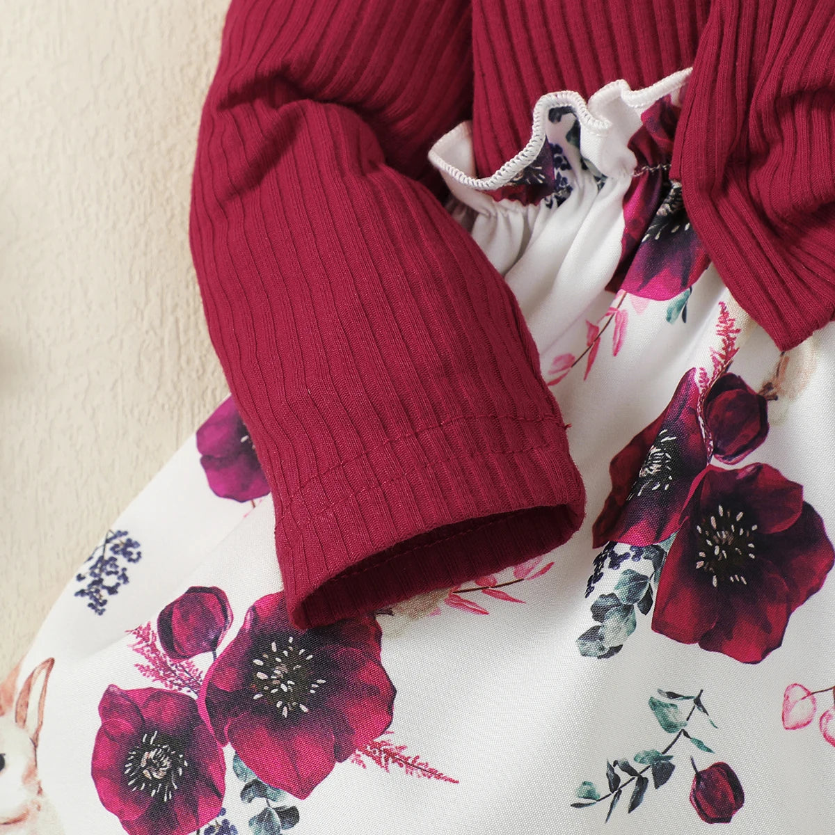 Baby Girls Spring And Autumn Long Sleeved Wine Red Patchwork Rabbit Print Cute Dress