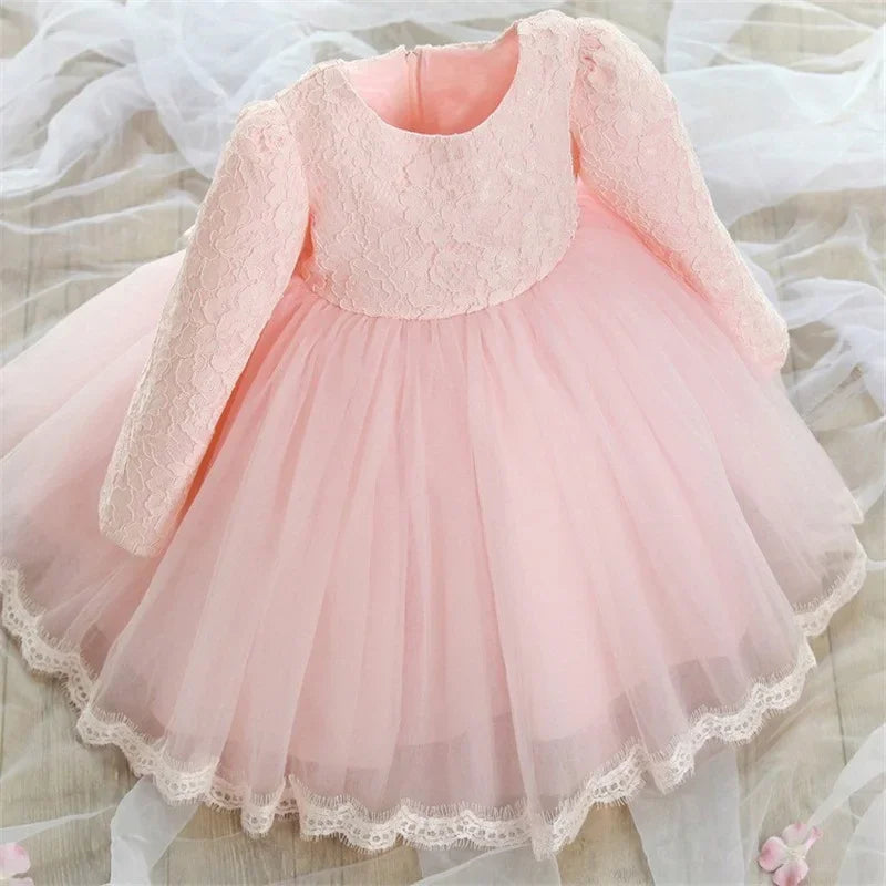 Baby Girls Long Sleeve Dresses for Xmas Party Wedding Lace Big Bow Dresses Infant Girl 1st Birthday Princess White Baptism Dress