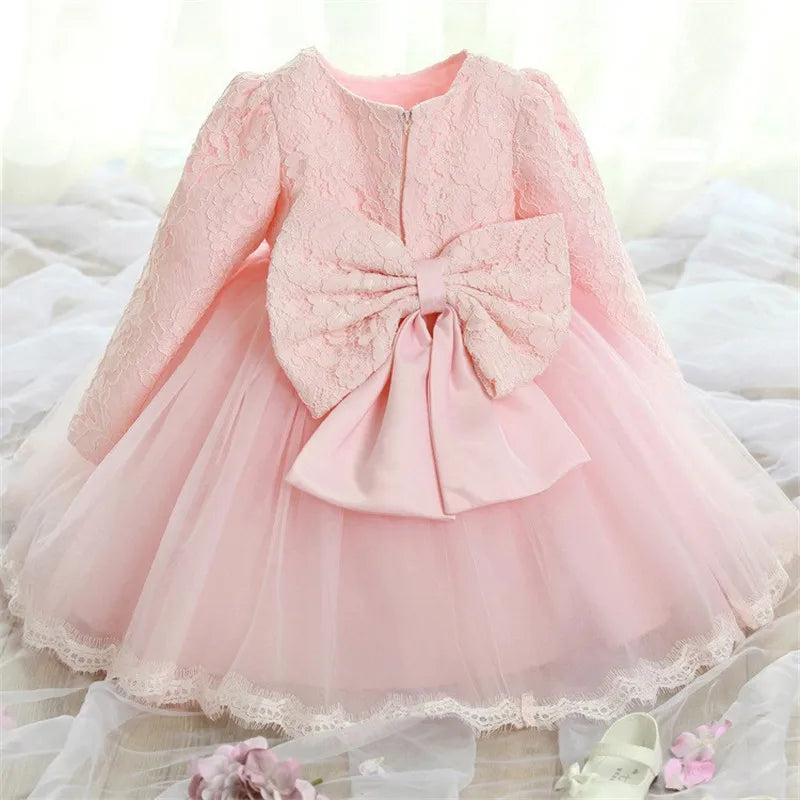 Baby Girls Long Sleeve Dresses for Xmas Party Wedding Lace Big Bow Dresses Infant Girl 1st Birthday Princess White Baptism Dress