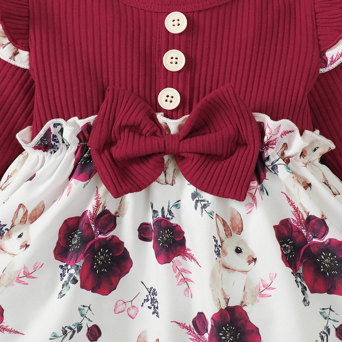 Baby Girls Spring And Autumn Long Sleeved Wine Red Patchwork Rabbit Print Cute Dress