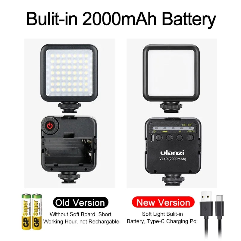 Ulanzi VL49 6W Mini Vlog LED Fill Light White Yellow Warm 2000mAh 5500K Zoom Lighting Photographic Lighting Video Office Lamp