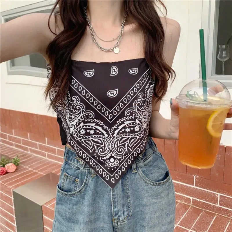 Silk Scarf Flower Retro Camisole Summer Hot Girl Triangle Scarf Women's Wear Tube Top Short European American Tops