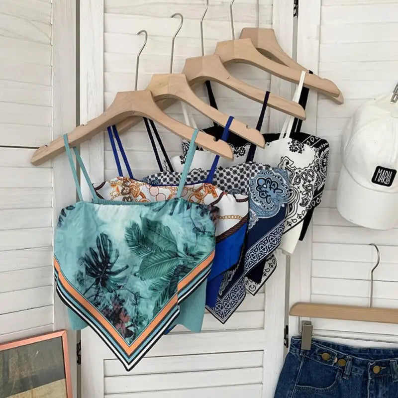 Silk Scarf Flower Retro Camisole Summer Hot Girl Triangle Scarf Women's Wear Tube Top Short European American Tops