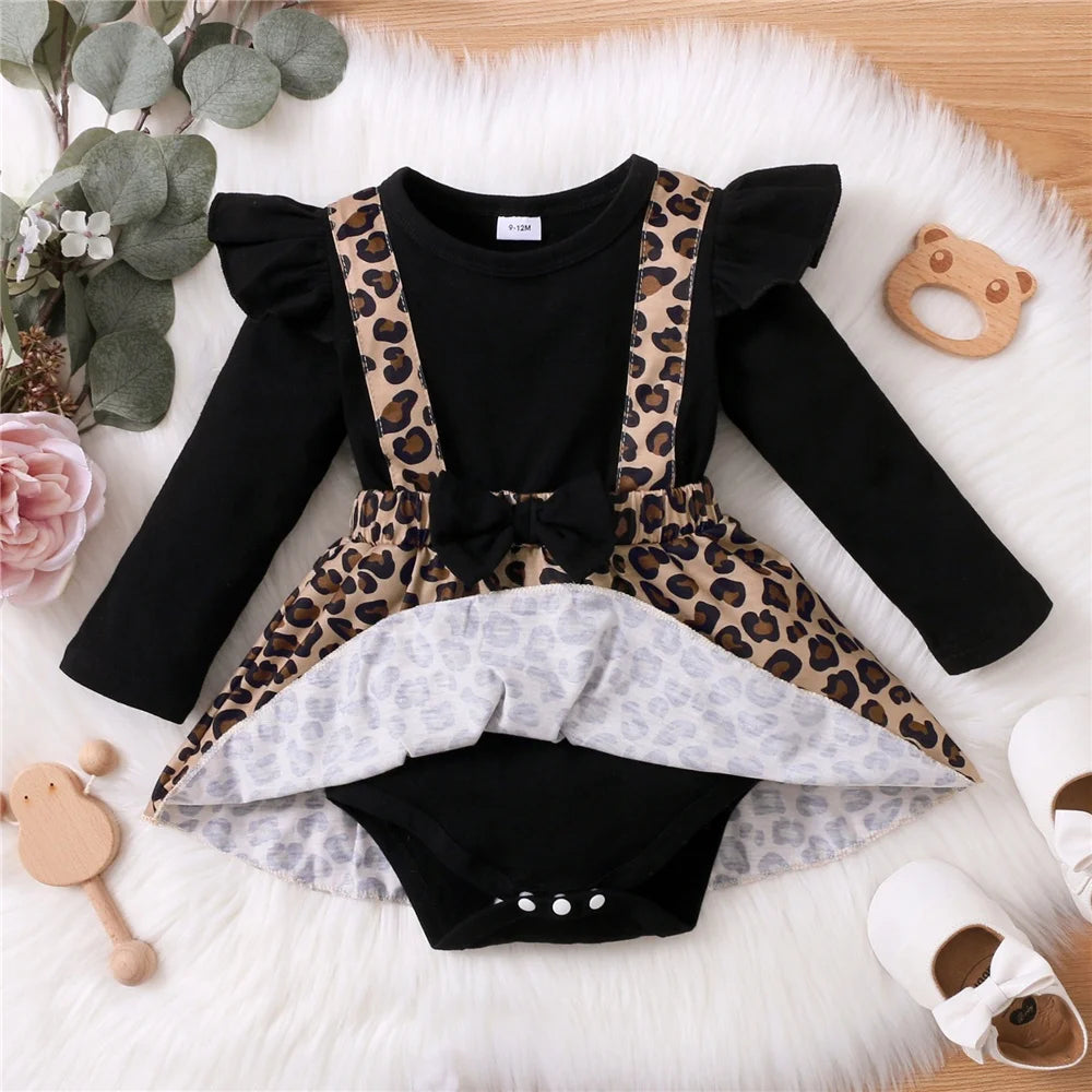 Baby Girl Romper Dress Long Sleeve Leopard Dresses