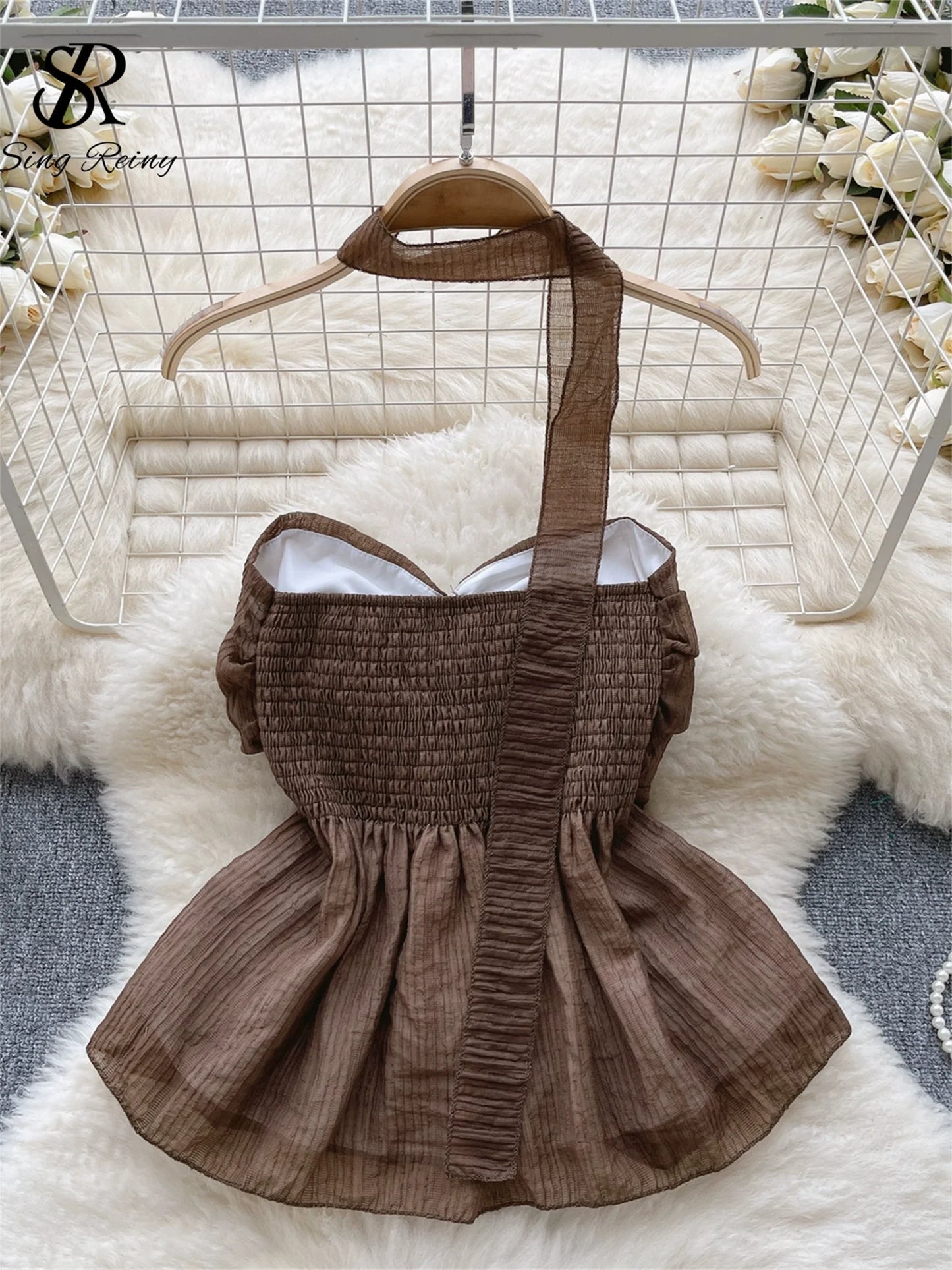 Beach Style Chiffon Tube Top Halter Ribbons Drawstring Lace Up Bow Off Shoulder Backless Fashion Streetwear Sexy Vest