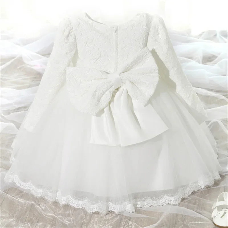 Baby Girls Long Sleeve Dresses for Xmas Party Wedding Lace Big Bow Dresses Infant Girl 1st Birthday Princess White Baptism Dress