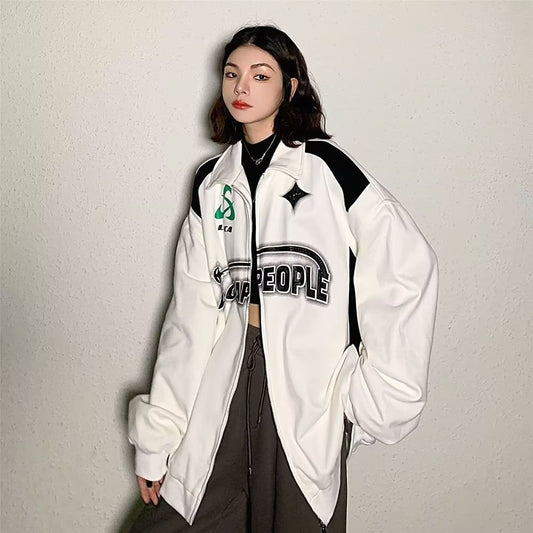 Vintage jacket men's spring and autumn loose zipper sweatshirt American casual sports coat men's and women's ins trendy brand