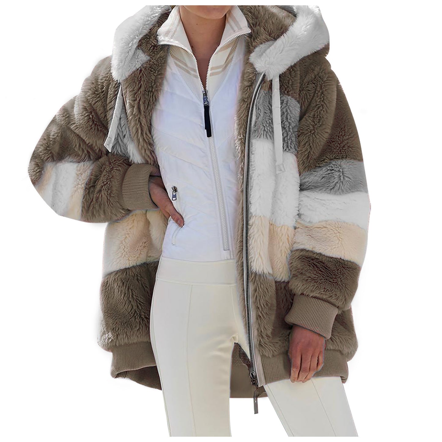 Cross border Amazon Hot Sale Europe and America 2021 Autumn/Winter Warm Plush Panel Zipper Pocket Hooded Loose Coat for Women