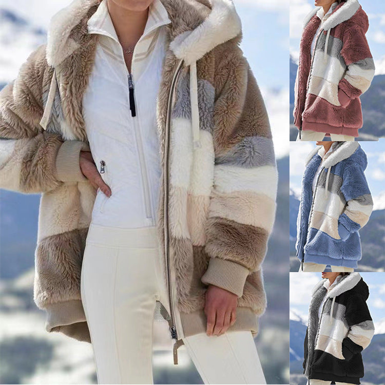 Cross border Amazon Hot Sale Europe and America 2021 Autumn/Winter Warm Plush Panel Zipper Pocket Hooded Loose Coat for Women