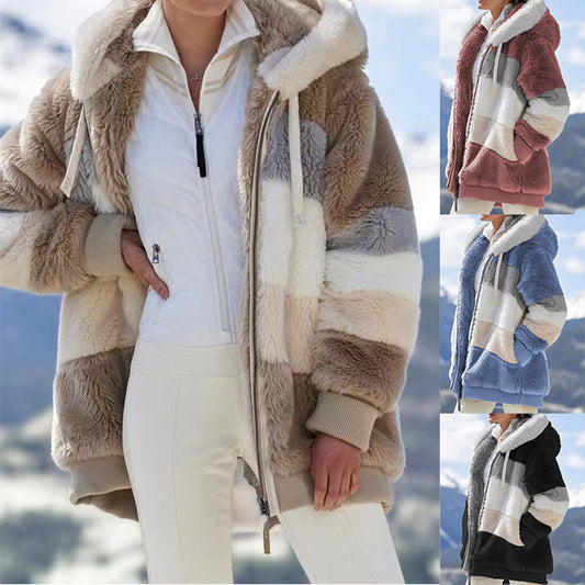 Cross border Amazon Hot Sale Europe and America 2021 Autumn/Winter Warm Plush Panel Zipper Pocket Hooded Loose Coat for Women